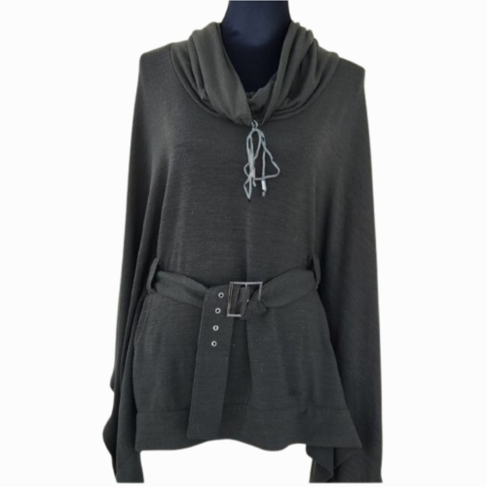 Knit Olive Green Belted RAVEL Pull-over Shawl Cape Swester (M)